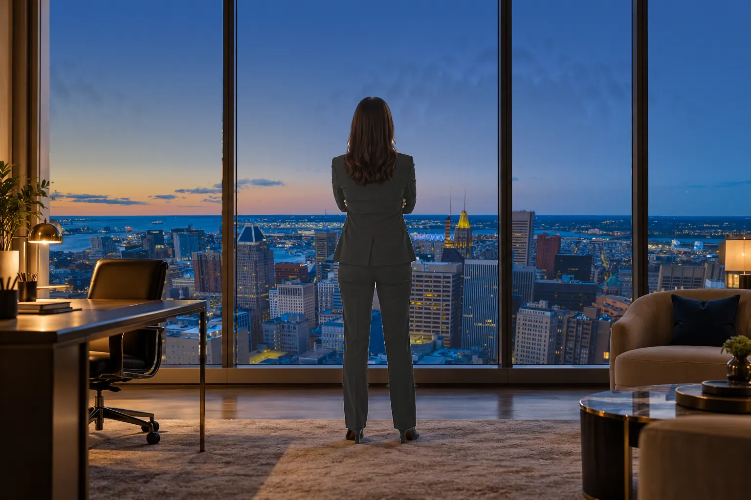 Businesswoman in a dark gray suit seen from behind with arms crossed, looking out office windows at the Baltimore skyline and harbor at dusk