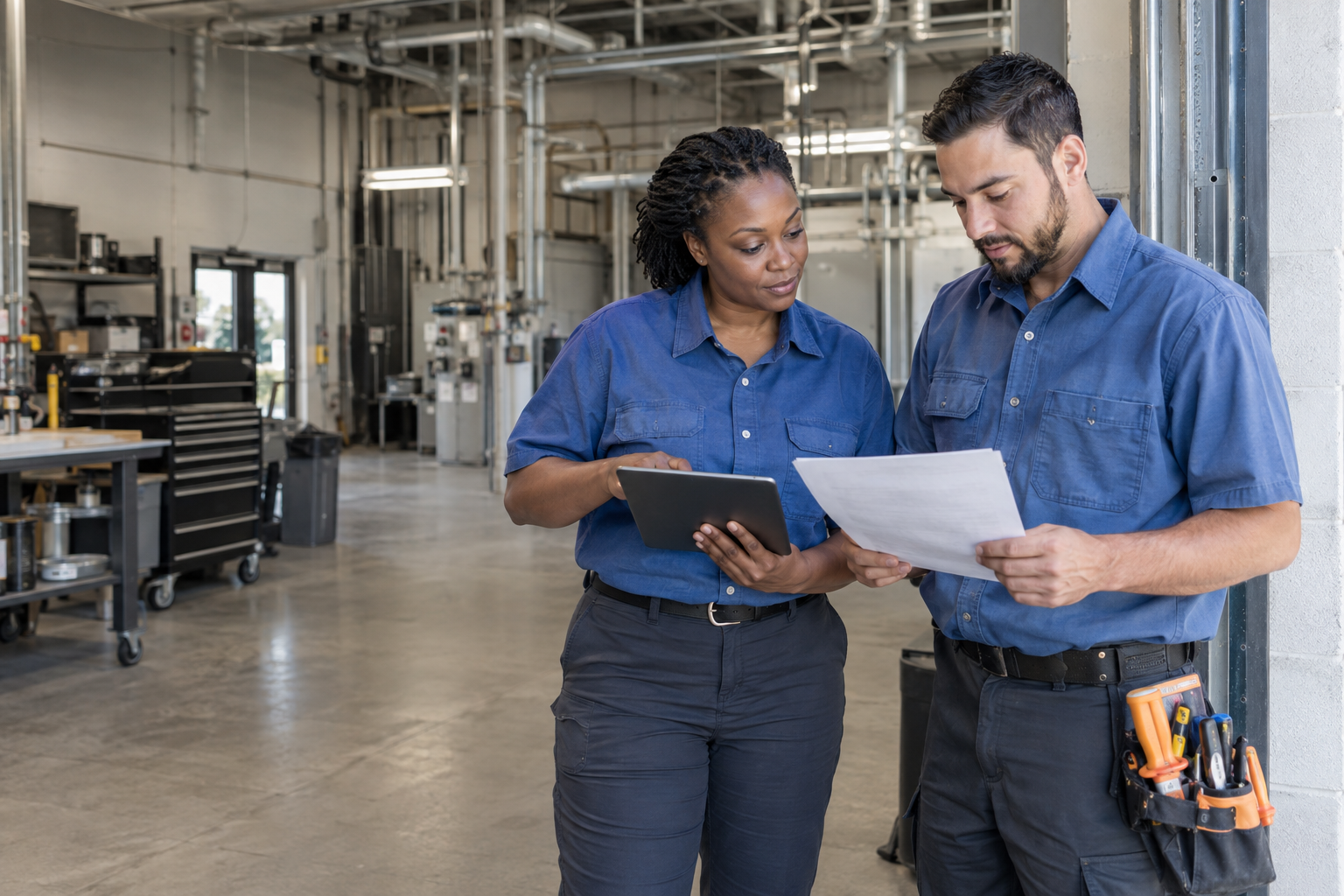 Illustrative trades professionals reviewing a job together in a workshop